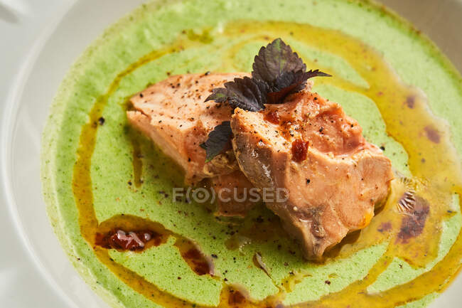 De cima deliciosos pedaços de atum com tempero e molho no prato — Fotografia de Stock