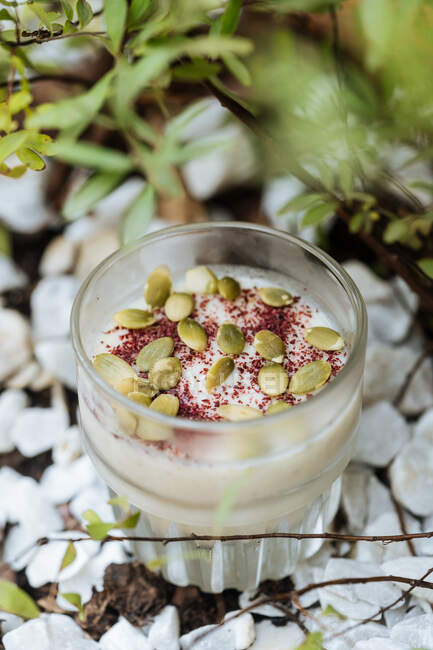 From above creamy sweet dessert with cinnamon and seeds in glass cup on decorated surface — Stock Photo