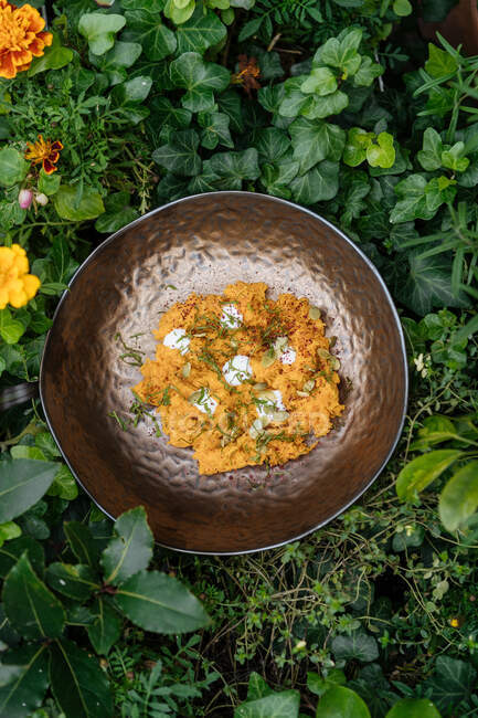 Vue du dessus de délicieuse collation de pâte de légumes végétarienne avec des légumes verts dans un bol au milieu des plantes — Photo de stock