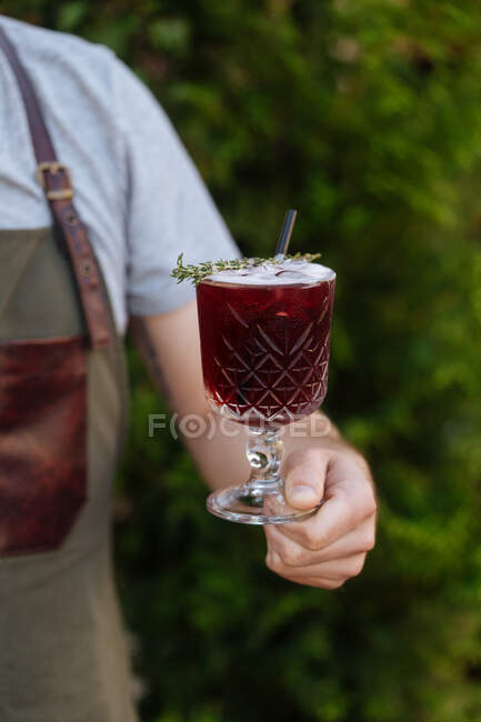 Zugeschnittene unkenntliche Person hält frischen leckeren roten Cocktail mit Stroh im Glas bei hellem Tag im grünen Garten — Stockfoto