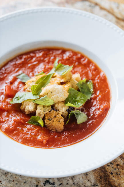 Червоний апетитний свіжий томатний суп з зеленню на білій тарілці на мармуровій підставці в кафе — стокове фото
