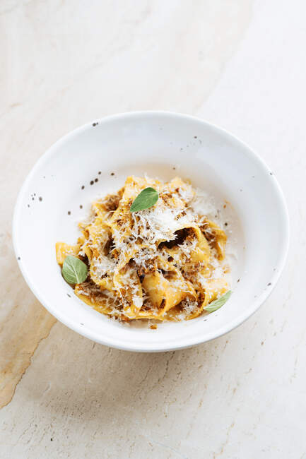 Von oben schmackhaftes Gericht mit breiten Pasta mit Käse bestreut und mit frischer Minze im Restaurant dekoriert — Stockfoto