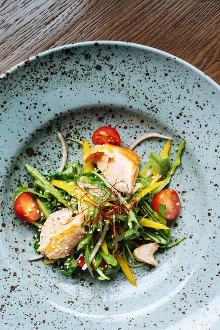 Вид на витаминный салат с кусочками огурца из помидоров черри и филе курицы на стильной тарелке в ресторане — стоковое фото
