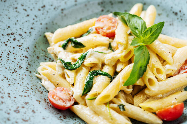Vista superior de un plato elegante con deliciosas piezas de pasta de tomates cherry y vegetación en el restaurante - foto de stock
