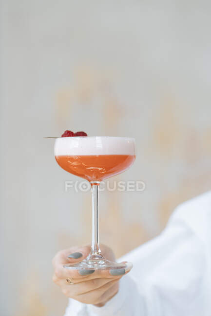 Camarero anónimo en camisa blanca sosteniendo delicioso cóctel rojo en elegante vaso decorado con frambuesa fresca - foto de stock