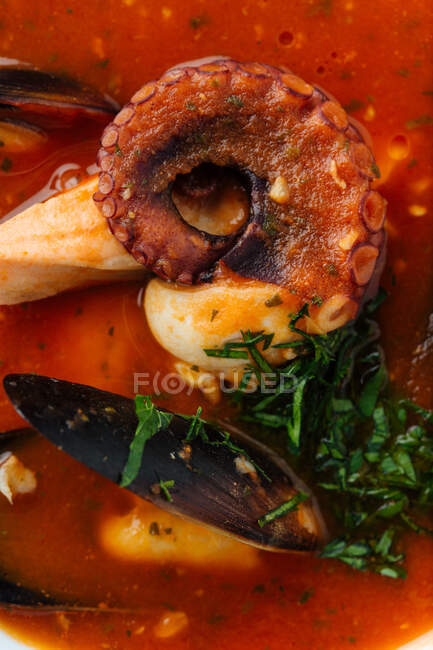 Top view of red soup of octopus and mussels served with greenery and roasted bread in restaurant — Stock Photo