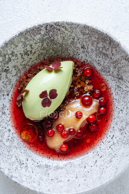 Stylish haute cuisine dish with red currant — Stock Photo
