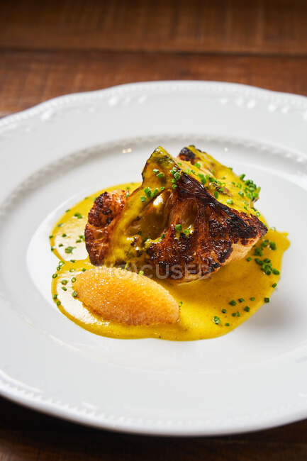 Stylish served high cuisine dish with meat — Stock Photo