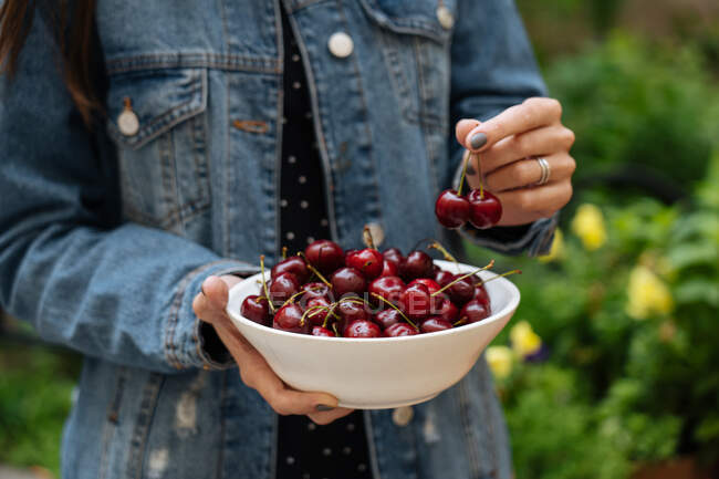 Faceless woman in jeans jacket holding white bowl with fresh cherry standing with green plants on blurred background — Stock Photo