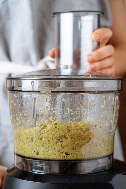 Erntehelfer verwenden Mixer, um aus frischen Zutaten Püree zu machen, während sie in der Küche ein gesundes Mittagessen zubereiten — Stockfoto