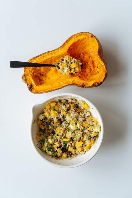 Half of pumpkin and bowl with filling — Stock Photo