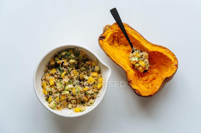 Draufsicht auf Schüssel mit veganer Mischfüllung mit Quinoa und Gemüse und der Hälfte gebackenem Orangenkürbis mit Löffel auf weißem Hintergrund — Stockfoto