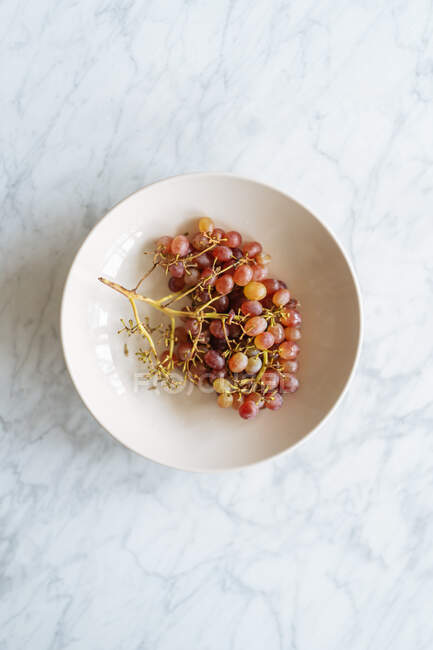 De cima escovas saborosas maduras de uvas suculentas em tigela branca na mesa de mármore na cozinha — Fotografia de Stock