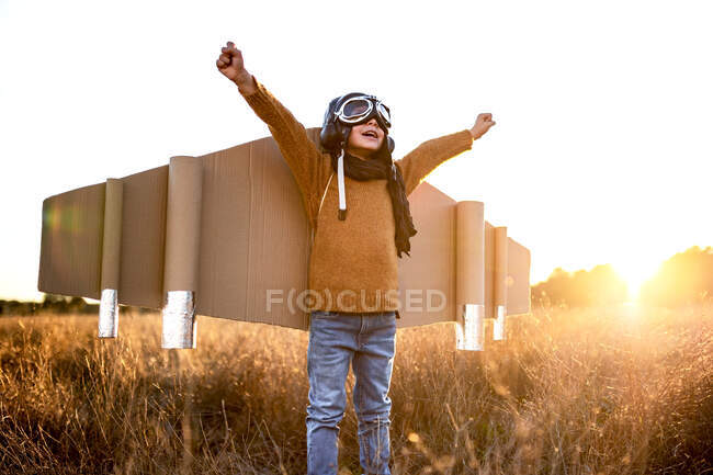 Niño feliz con gafas y alas de cartón levantando las manos durante el juego en el campo en retroiluminación - foto de stock