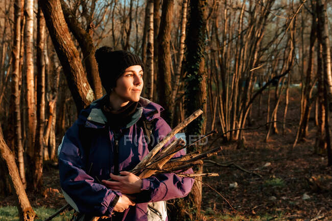 Tranquillo giovane escursionista donna in abiti caldi raccogliendo legno durante il campeggio nella foresta autunnale — Foto stock