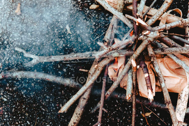 Pequeña hoguera de leña en el suelo - foto de stock