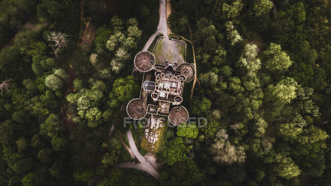 Drone vista de piedra antiguo gran castillo entre árboles verdes y plantas - foto de stock