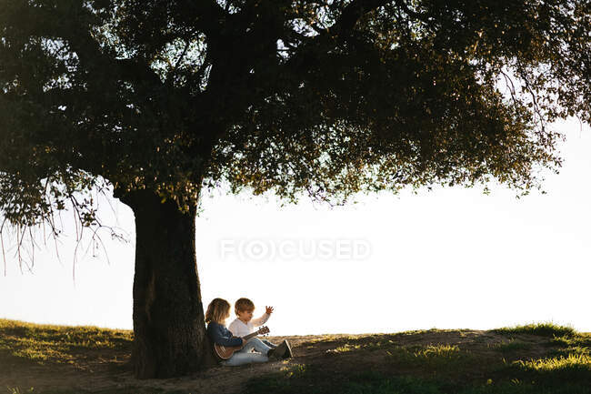 Vista laterale della bambina con ukulele seduta con fratello sotto un grande albero nel campo mentre riposano insieme e parlano durante la giornata estiva — Foto stock