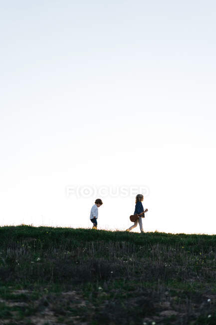 Снизу вид на маленькую девочку с гитарой, за которой следует младший брат, гуляющий на зеленом поле в летний вечер в сельской местности — стоковое фото