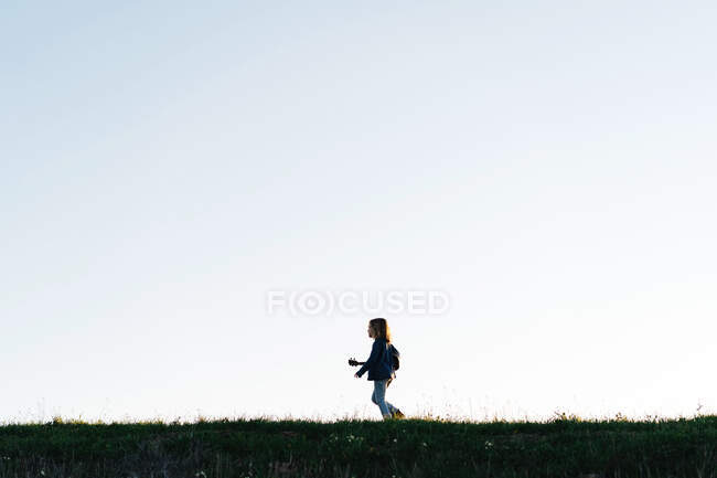 Side view of little girl in casual wear walking with ukulele guitar in a meadow in sunny summer day in countryside — Stock Photo