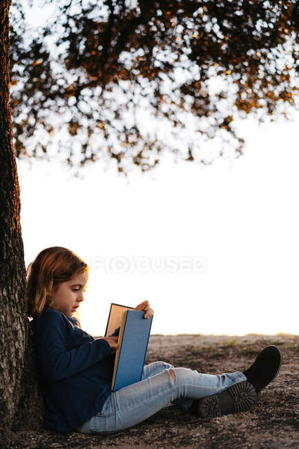 Vista lateral de la niña tranquila en ropa casual lectura libro de cuentos de hadas mientras está sentado bajo el árbol en el campo en la soleada noche de verano - foto de stock