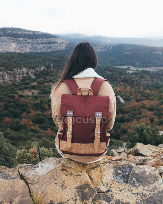 Back view of young female hiker with stylish backpack sitting on rocky cliff and enjoying picturesque scenery with colorful forest and mountains in cloudy autumn day — Stock Photo