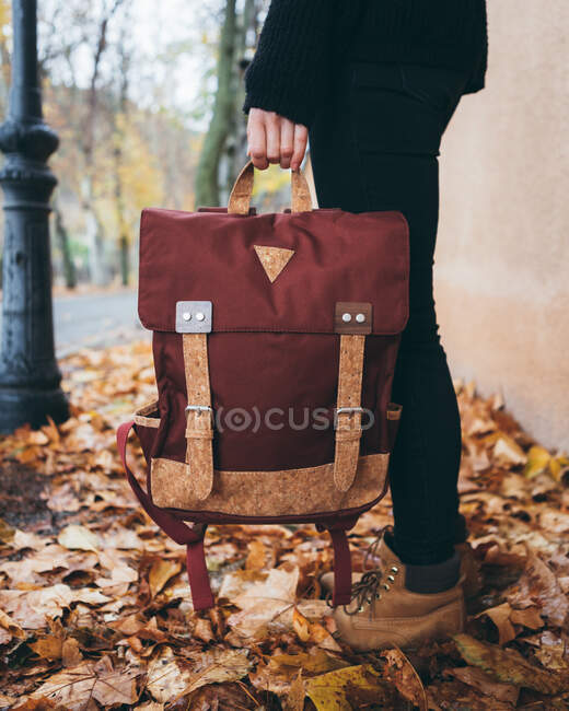 Side view of crop modern female in casual black wear holding stylish backpack while standing on sidewalk covered with fallen leaves in autumn day in city — Stock Photo