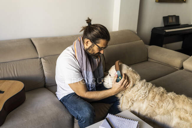 Сверху бородатый мужчина в повседневной одежде отдыхает на диване, надевая наушники на большую собаку в современной гостиной — стоковое фото