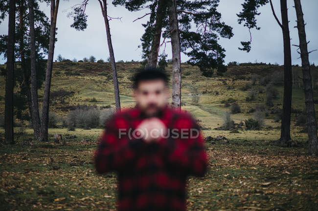 Невідомий розмитий чоловік у повсякденному носінні стоїть серед вічнозелених хвойних дерев в осінній сільській місцевості — стокове фото