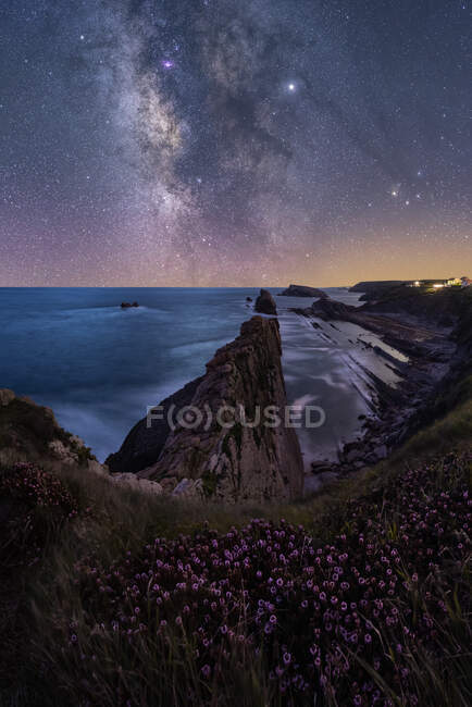 From above of rocky cliff with field flowers and turquoise ocean under colorful night sky with bright stars and milky way — Stock Photo