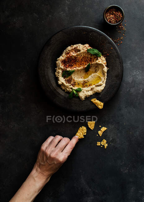 Top view of unrecognizable person hand holding stylish black plate with delicious fresh eggplant and cauliflower dip stylish decorated with colorful spices and leaves of mint — Stock Photo