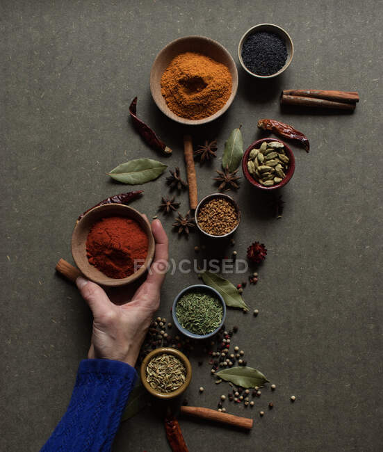 Vista superior de la cosecha irreconocible persona sosteniendo olla con pimentón rojo en polvo sobre la mesa gris con conjunto de especias aromáticas surtidos - foto de stock