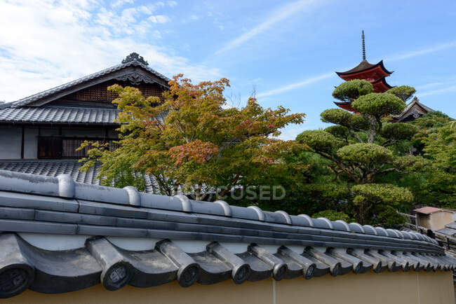 Низкий угол экстерьера древнего традиционного японского храма среди зеленых деревьев с голубым облачным небом в солнечный день — стоковое фото