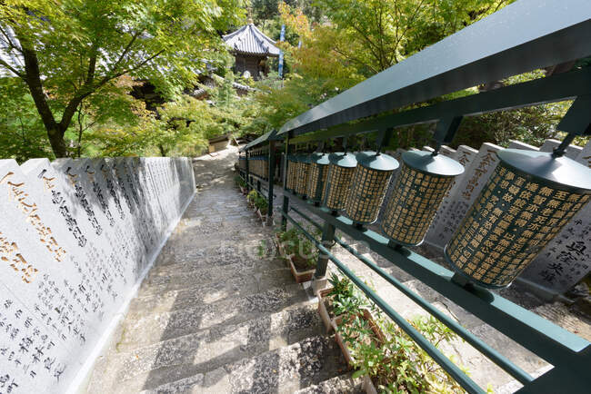 Dall'alto di scalinata in pietra recintata con costruzione contemporanea in metallo e pietra con iscrizioni geroglifiche con alberi verdi e tetto di vecchio edificio tradizionale in giornata di sole in Giappone — Foto stock