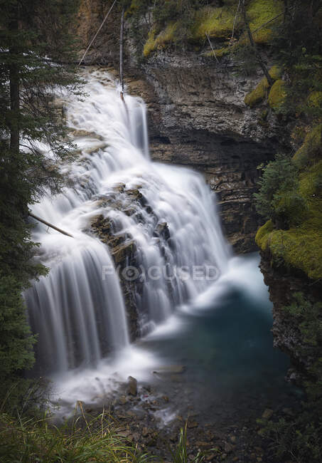 Malerische Landschaft mit Wasserfall, der in eine Felsschlucht fällt, die mit grünem Moos und Blattpflanzen in der kanadischen Landschaft bedeckt ist — Stockfoto
