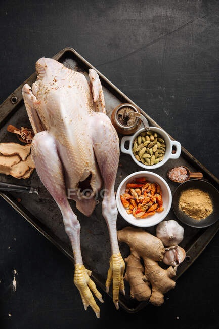 Spices and chicken for curry preparation — Stock Photo