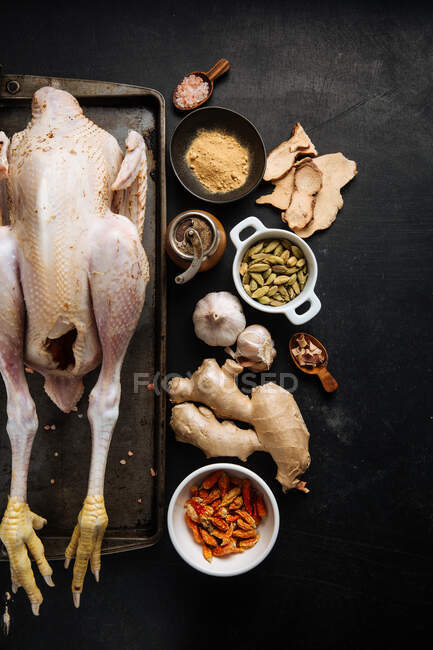 Spices and chicken for curry preparation — Stock Photo