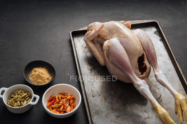 Especias y pollo para la preparación de curry - foto de stock