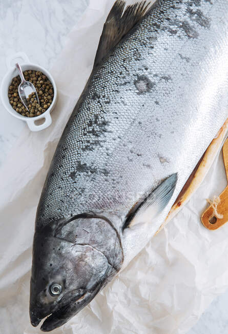 Vista superior del pescado de salmón fresco sin cocer colocado en papel de hornear junto a la olla con granos de pimienta en la mesa de mármol - foto de stock