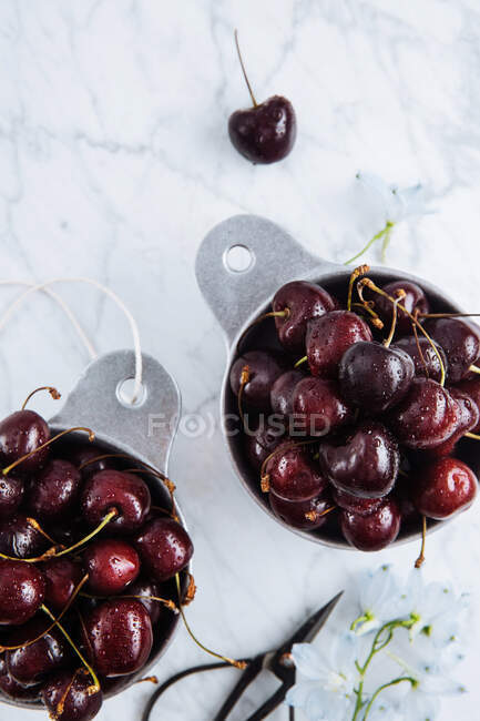 Top view of pots with ripe sweet red cherries on withe marble table with green branch — Stock Photo
