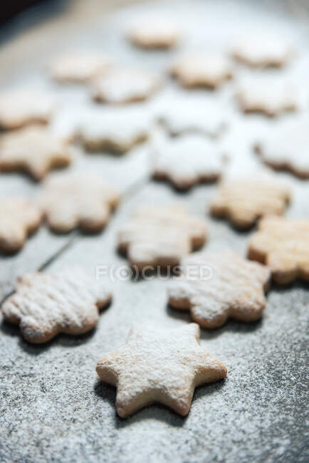 Small raw biscuits dough in star shape on metal table covered with flour in bakery — Stock Photo