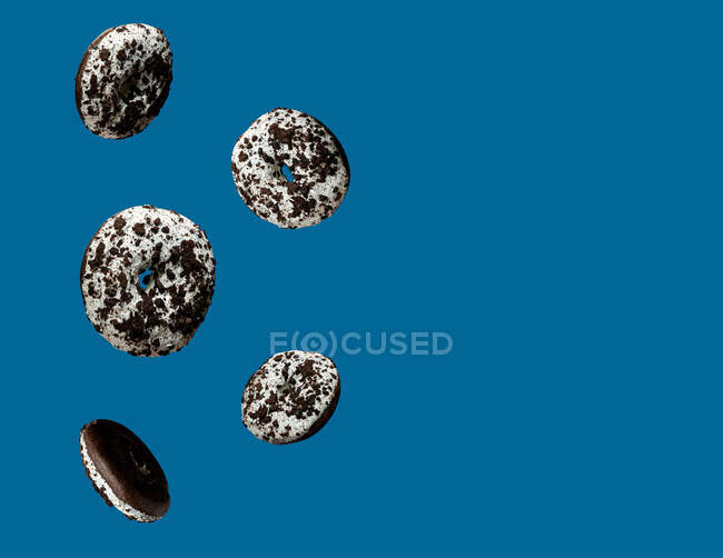 White and black sweet chocolate doughnuts floating on blue background — Stock Photo