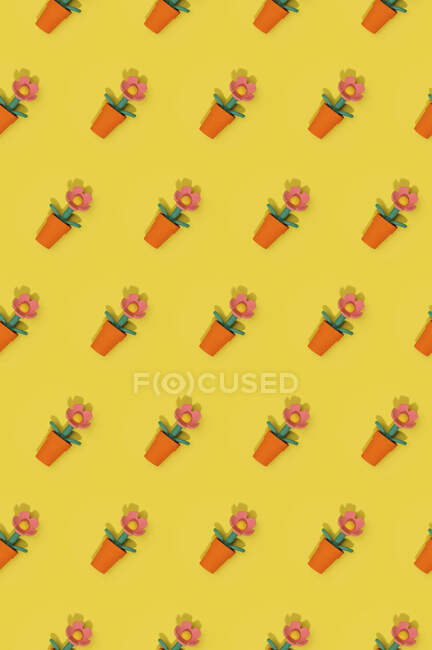 Modèle de printemps de Pâques sans couture avec des fleurs dans des pots rouges disposés en rangées sur fond jaune — Photo de stock