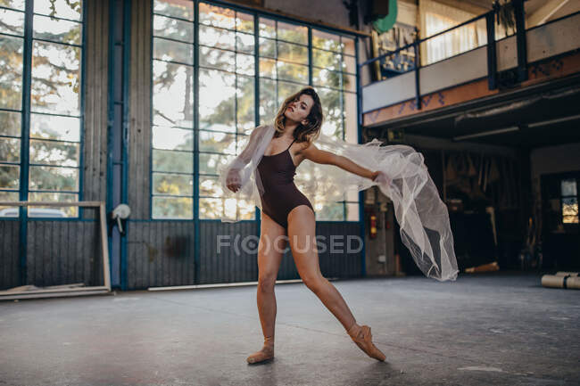 Dancer looking at camera in black bodysuit and pointe shoes performing dance with transparent light tulle during rehearsal in studio — Stock Photo