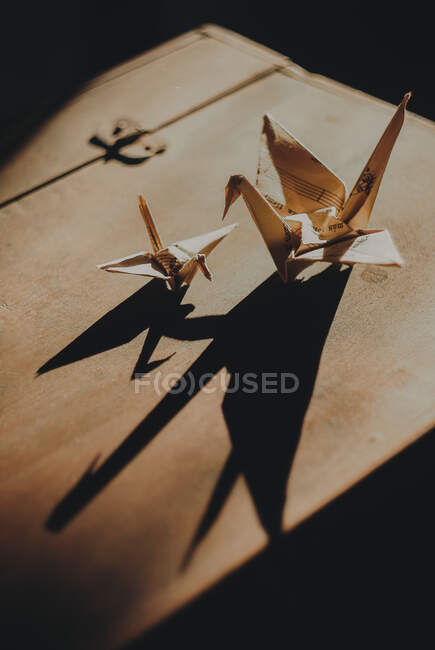 From above small origami cranes made of sheet music and placed on retro briefcase in sunlight — Stock Photo