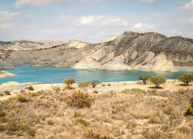 Чисте водосховище між узбережжям з сухою травою і грубою горою в похмурий день в Альхесірасі (Іспанія). — стокове фото