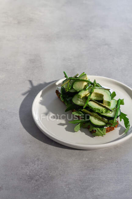 Delicious toast with fresh vegetables and herbs on plate — Stock Photo