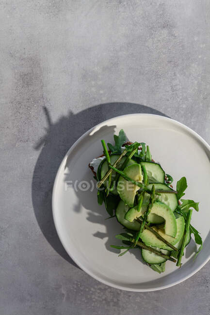 Delicious toast with fresh vegetables and herbs on plate — Stock Photo