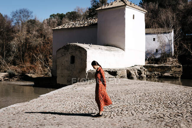 Вид збоку на азіатську жінку в елегантному одязі, що стоїть на грубому кам'яному шляху біля спокійного озера і стародавньої будівлі в сільській місцевості — стокове фото