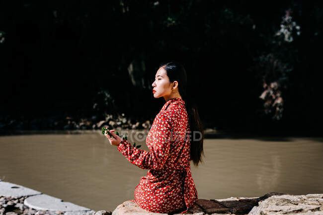 Vista lateral de la mujer asiática con estilo mirando hacia otro lado mientras está sentado en una valla de piedra que sostiene la rama delgada cerca del lago tranquilo - foto de stock